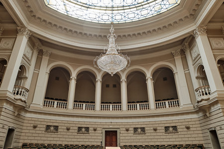 LVIV, UKRAINE - April 4, 2021: Assembly hall of Ivan Franko University. The building of the Galician Sejm. Glass ceilingのeditorial素材