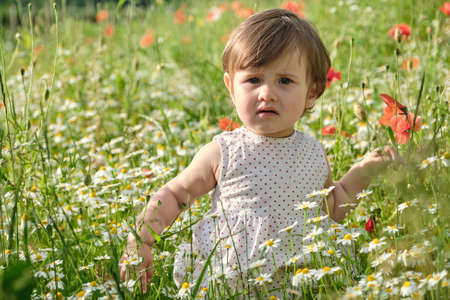 Cute Little Girl Is Standing In The Middle Of Flowers Green Plants Field. Charming baby girl in the light dress in the middle of the summer grassの写真素材
