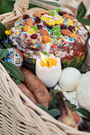 Ukrainian Easter basket filled with traditional festive dishes. Easter food, easter eggs, cheese,...