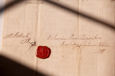 An old letter with a red wax seal. Fragment Of The Real Ancient Manuscript 1800's. Red Seal.の写真素材