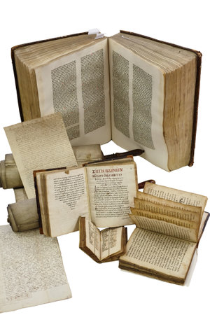 LVIV, UKRAINE - April 2, 2020: Still life with ancient books. Old religious Slavonic books with...