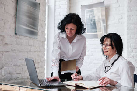 Creative business women working on desktop computer together in office.