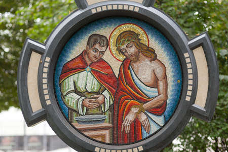 Station I: Christ is condemned to death. Pontius Pilate washes his hands. Jesus Mosaic Art.の写真素材