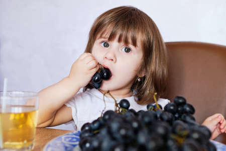 Cute baby girl eats dark blue grapes with a good appetite. Positive toddler in front of a table with fresh fruit. Healthy food.の写真素材