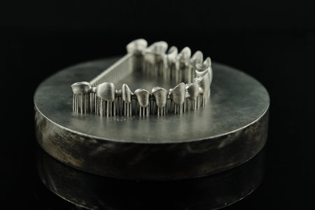 Close-up studio shot on milled metal frame for dental implants on the black background. Concept of...