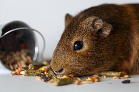 Cute little brown guinea pig nibbles pet food on white background. domestic guinea pig. Guinea pig eats dry grain feed. Shallow Depth of Fieldの写真素材
