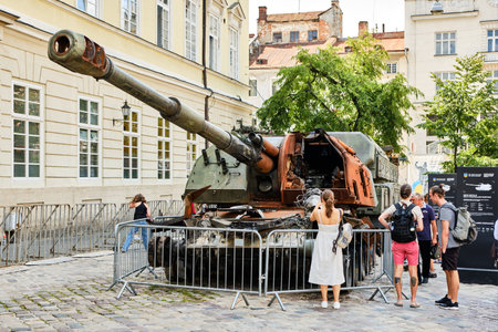 LVIV, UKRAINE - August 18, 2022: Exhibition of destroyed Russian military vehicles during the Russian-Ukrainian war. Ukrainians show great interest in destroyed Russian military vehicles exhibition in Lviv.のeditorial素材