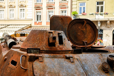 LVIV, UKRAINE - August 18, 2022: Exhibition of destroyed Russian military vehicles during the Russian-Ukrainian war. Ukrainians show great interest in destroyed Russian military vehicles exhibition in Lviv.のeditorial素材