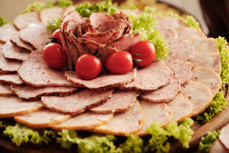 Meat delicatessen plate arranged with cherry tomato. Luncheon meat platter, cold cuts