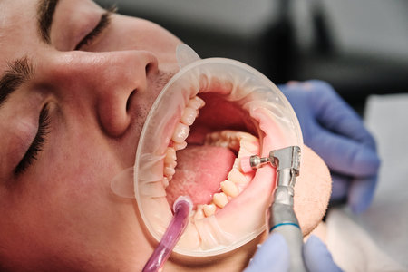Process of using stomatological brush as a stage of professional dental cleaning procedure in clinic close up. Retractor cheeks on the lips.の写真素材