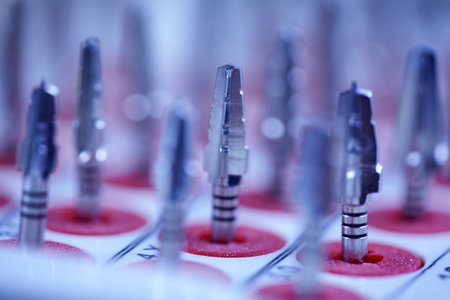 Rotary Dentistry Tools. Dental tools, tongs of various shapes. drill, dentist, dentistry, medical background. Shallow depth of fieldの写真素材