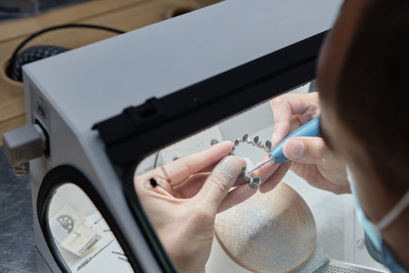 Dentist hand mills tooth crowns created on 3d printer for metal. Dental technician working with...