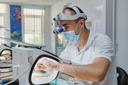 Dentist hand mills tooth crowns created on 3d printer for metal. Dental technician working with ceramic crowns in protective box at the laboratory. metal processingの写真素材