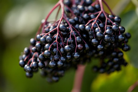 A close-up of ripe elderberry berries against a green background. By the way, elderberry is a symbol...