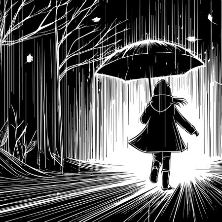 A little girl, wearing a raincoat, is walking in the pouring rain, holding an umbrella. An evening walk in the rainのイラスト素材