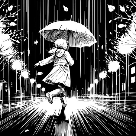 A little girl, wearing a raincoat, is walking in the pouring rain, holding an umbrella. An evening walk in the rainのイラスト素材