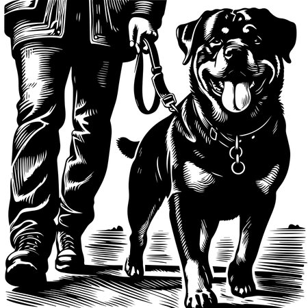 Rottweiler and Owner Enjoying a Scenic Walk. Linocut Illustration of a Rottweiler and His Humanのイラスト素材