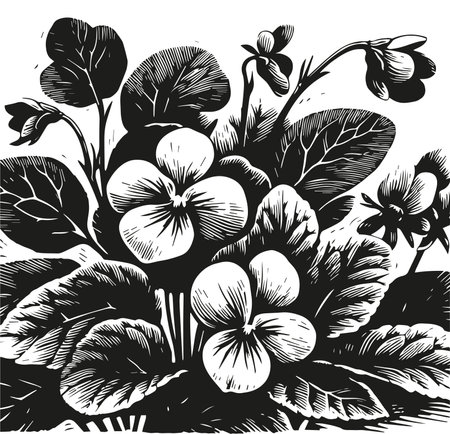 A black and white vector illustration of a cluster of pansies or violas, stylized to resemble a linocut print. Spring flowersのイラスト素材