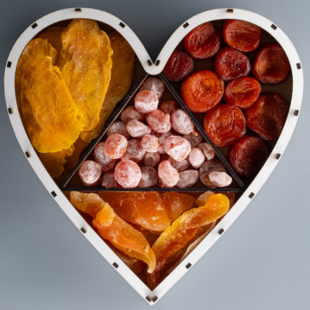 Various dried fruits in a heart-shaped wooden box. Variety of dried fruits are seen from above, including mango, kumquat, apricots, and cantaloupe.の写真素材