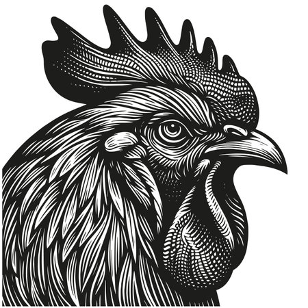 Black and white illustration of a rooster close-up: details and texture in linocut style. Proud symbol of the farm.のイラスト素材