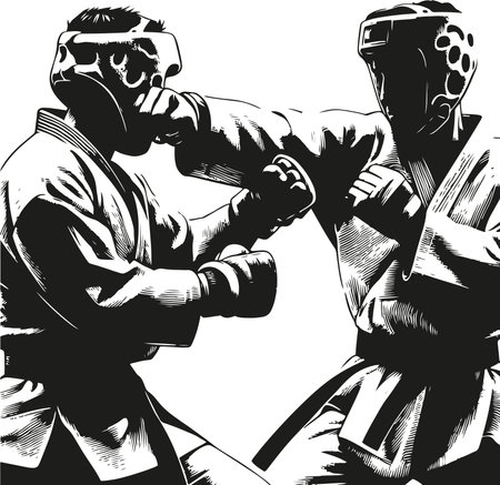 Taekwondo Sparring with Protective Gear: A Detailed Black and White Illustration. Athletes are focused and determined, their movements conveying power and precision.のイラスト素材