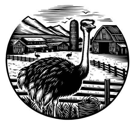 Ostrich Farm Landscape. Circular woodcut illustration of an ostrich in a farm setting with mountains, barns, and silo. Black and white graphic of an ostrich on a farm with a rustic landscapeのイラスト素材