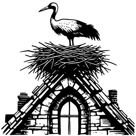 Stork on Nest Above Old Building. Classic black and white vector image of a stork resting in its nest atop a historic stone structure.のイラスト素材