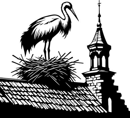 Stork on Nest Above Old Building. Detailed illustration of a stork perched on a nest built on the roof of an ancient building.のイラスト素材