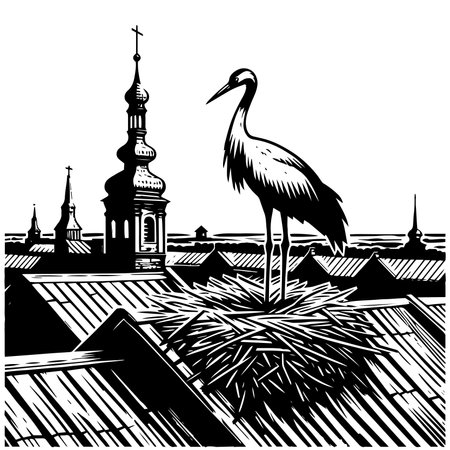 Stork on Nest Above Old Building. Classic black and white vector image of a stork resting in its nest atop a historic stone structure.のイラスト素材