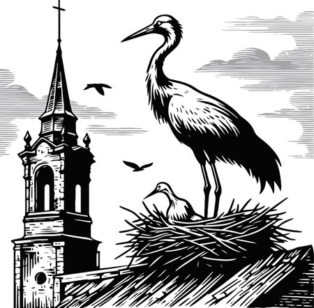 Stork on Nest Above Old Building. Classic black and white vector image of a stork resting in its nest atop a historic stone structure.のイラスト素材