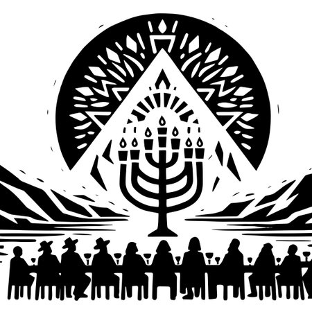Hanukkah Celebration Gathering. Bold graphic illustration depicting a Hanukkah dinner with family and friends. People gathered around a table with a menorah in the background.のイラスト素材