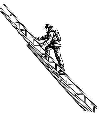Firefighter Ascending Ladder in Minimalist Black and White. Line art illustration of a firefighter climbing a ladder, isolated on white.のイラスト素材