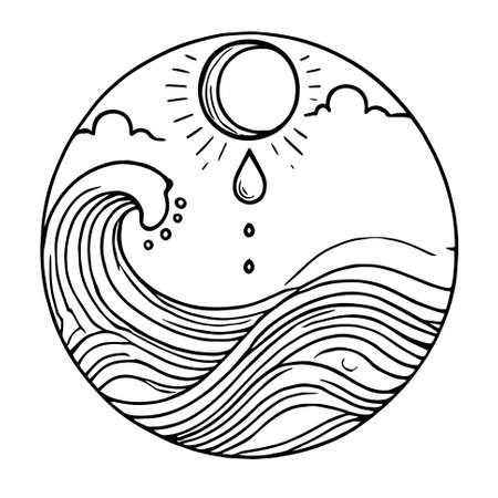 Circular Illustration of a Wave Under the Sun with Falling Drops.のイラスト素材