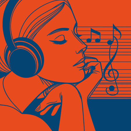 Focused on the Music: Woman with Headphones. Expressive illustration of a young woman with headphones, seemingly lost in the rhythm and melody. Immersed in Soundのイラスト素材