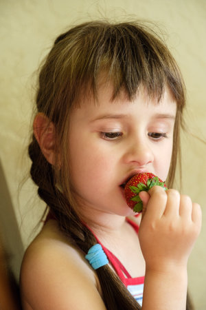 Joyful Child Savoring a Fresh Strawberry. Close-up portrait captures a young girl with braids delightfully biting into a ripe, juicy strawberry, embodying healthy eating and childhood joy.の写真素材