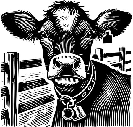 Black and white woodcut-style illustration of a cow's face with a bell collar, capturing a calm expression and the rustic feel of farm life. Rustic Dairy Cow Close-upのイラスト素材