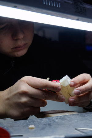 Close-up of a specialist performing accurate grinding on a high-tech dental mock-up. The image illustrates the skill and quality control in modern cosmetic dentistry.の写真素材