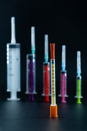 Thin insulin syringe contrasts with the bulkier syringes used for other medical procedures. The syringe is designed for subcutaneous injection of insulin and other medications in small volumes, 1 mlの写真素材