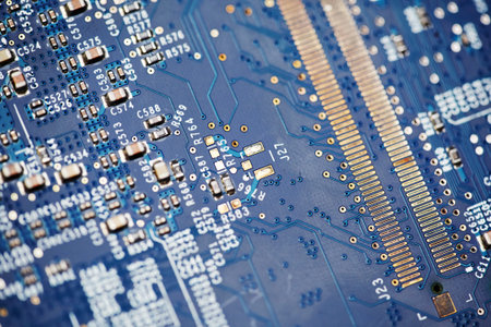 Macro view of blue circuit board with gold contacts and electronic components. Detailed motherboard...