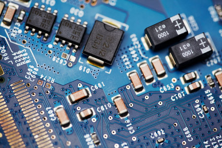 Macro shot of blue electronic circuit board with microchips and capacitors. Close-up of motherboard...