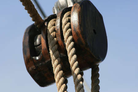Tackle with ropes on a boatの写真素材