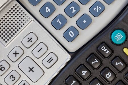 Calculator keyboards in close up