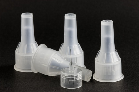 A close up of needles used for injecting insulin by diabetics. Logos removed