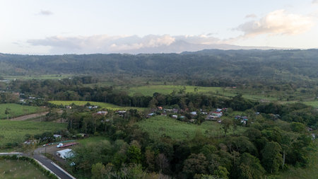 La Finca Lodge in la Fortuna area in Costa Rica. Drone aerial view. Beautiful hotel with cabins in the nature.の写真素材
