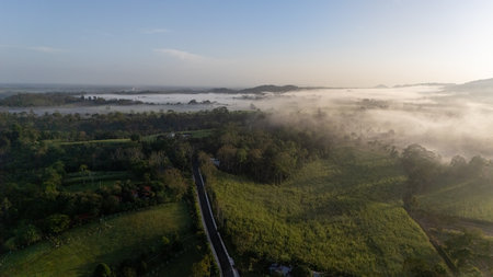 Aerial view of foggy fields and country roads at sunrise in La Fortuna, Costa Rica.の写真素材