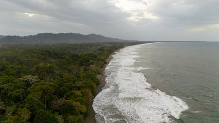 Drone aerial view of Playa Negra beach, tropical beach with beautiful vegetation and black sand,...