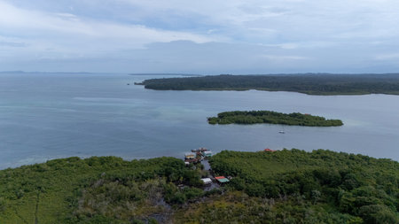 Panama.Tropical Island Aerial View. Wild coastline lush exotic green jungle. Cayo Coral. Red Frog Beach in Bastimentos Island, Bocas del Toro, Central America, Panama.の写真素材
