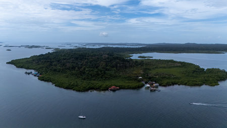 Panama. Tropical Island Aerial View. Wild coastline lush exotic green jungle. Cayo Coral. Red Frog Beach in Bastimentos Island, Bocas del Toro, Central America, Panama.の写真素材
