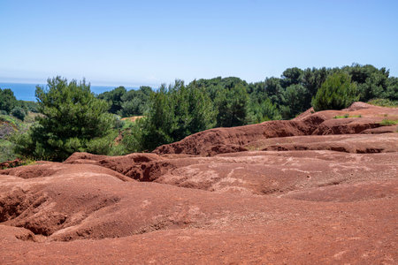 Red sandstone cliffs with trees and bushes in the background on the coast in Puglia, Italy