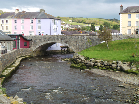 The River Aeron running through the town of Aberaeron, Walesのeditorial素材